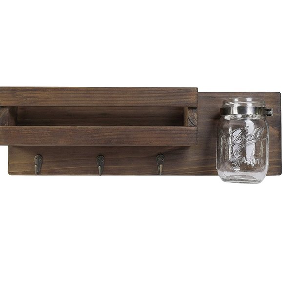 Rustic Dark Brown Wood Mail Organizer & Mason Jar Key Hooks Shelf Letter Holder - Picture 2 of 7